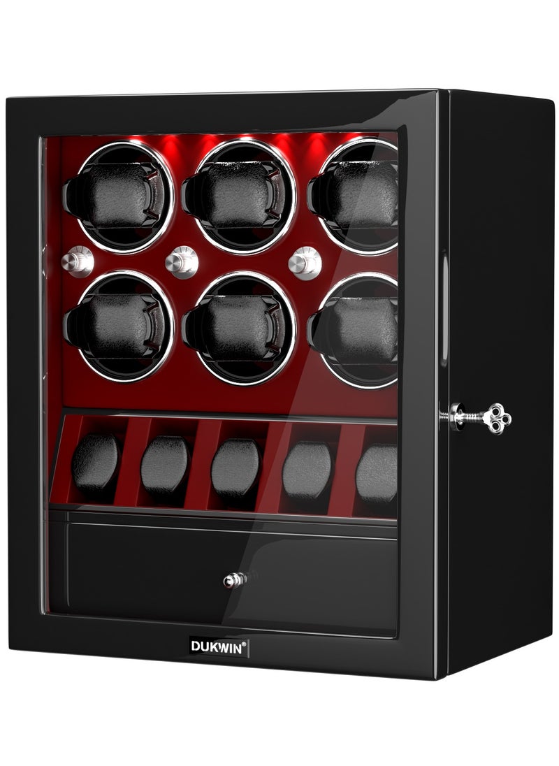 3 in 1 Watch Winder for 6 Automatic Watches with 5 Extra Watches Storage, White LED Light, 4 Rotation Modes, key lock and Jewelry Drawer for Men and Women