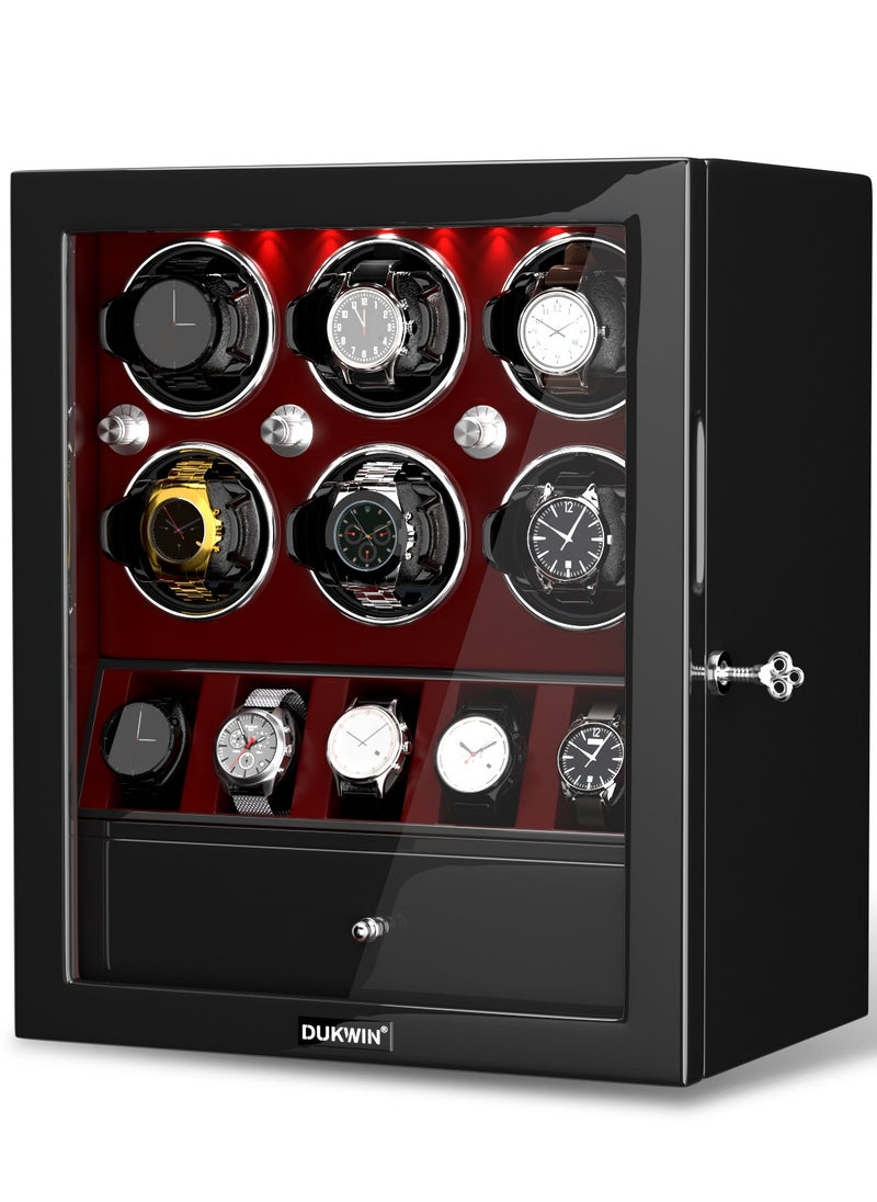 DUKWIN Watch Winder for 6 Automatic Watches with 5 Extra Watches Storage, White LED Light, 4 Rotation Modes, key lock and Jewelry Drawer for Men and Women