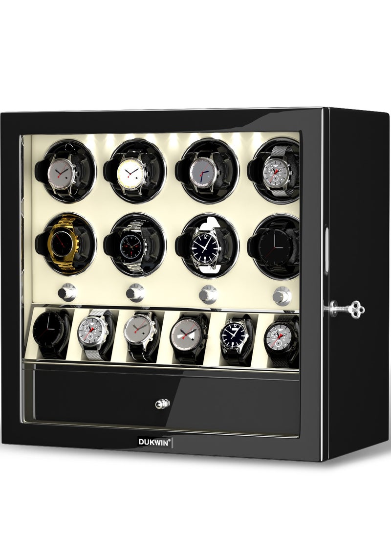 DUKWIN Watch Winder for 8 Automatic Watches with 6 Extra Watches Storage, White LED Light, 4 Rotation Modes, key lock and Jewelry Drawer for Men and Women