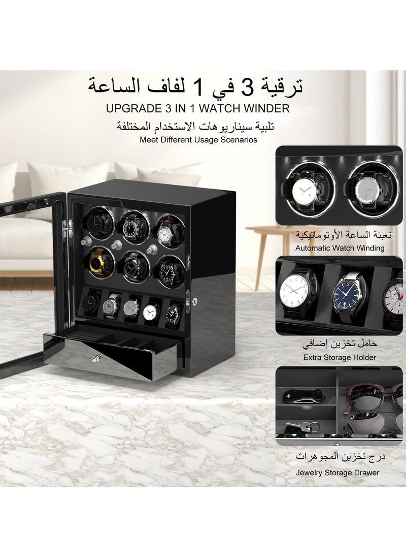 3 in 1 Watch Winder for 6 Automatic Watches with 5 Extra Watches Storage, White LED Light, 4 Rotation Modes, key lock and Jewelry Drawer for Men and Women