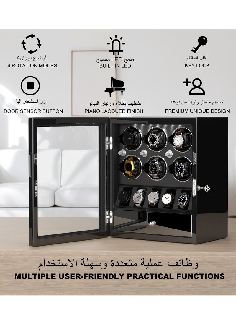 3 in 1 Watch Winder for 6 Automatic Watches with 5 Extra Watches Storage, White LED Light, 4 Rotation Modes, key lock and Jewelry Drawer for Men and Women