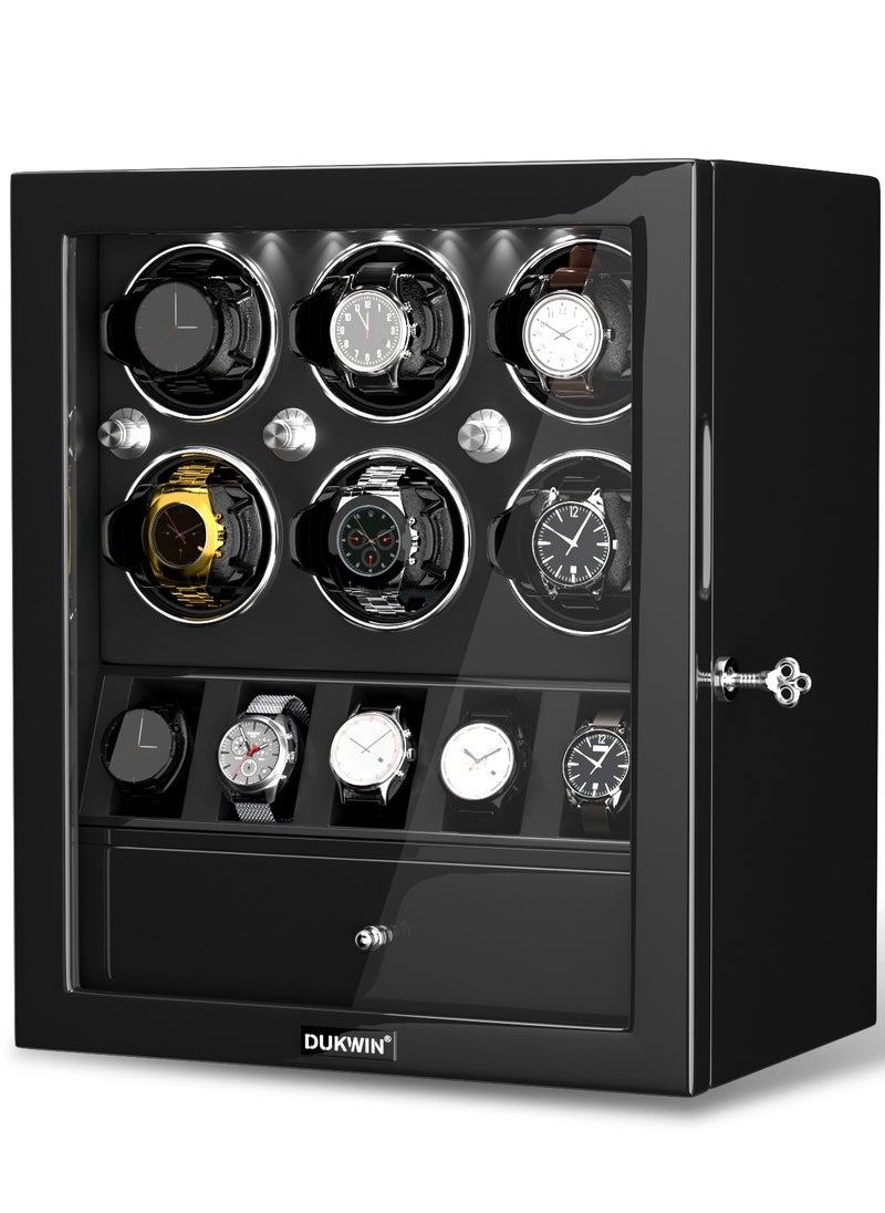 3 in 1 Watch Winder for 6 Automatic Watches with 5 Extra Watches Storage, White LED Light, 4 Rotation Modes, key lock and Jewelry Drawer for Men and Women