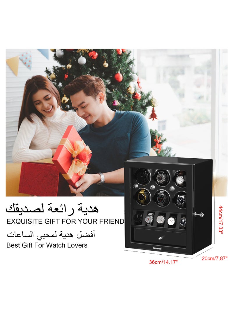 3 in 1 Watch Winder for 6 Automatic Watches with 5 Extra Watches Storage, White LED Light, 4 Rotation Modes, key lock and Jewelry Drawer for Men and Women