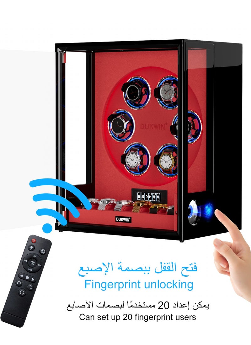 Fingerprint Lock Watch Winder with LED RGB Light and 8TPD for 6 Automatic Watches, Watch Winder Box with 6 Watch Holders, LCD Display, Adjustable Watch Pillow for Men and Women,