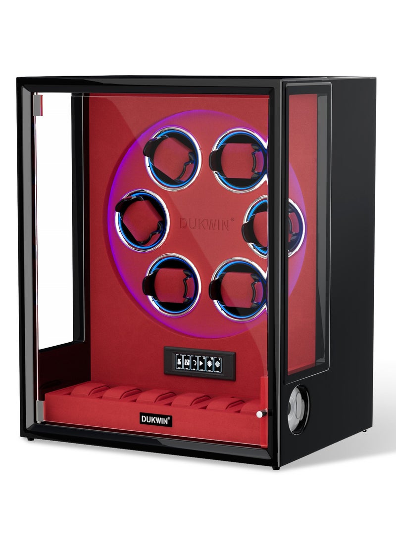 Fingerprint Lock Watch Winder with LED RGB Light and 8TPD for 6 Automatic Watches, Watch Winder Box with 6 Watch Holders, LCD Display, Adjustable Watch Pillow for Men and Women,