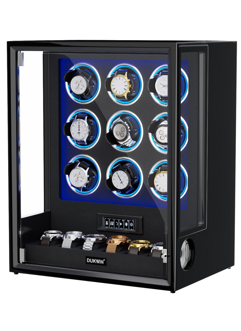 Fingerprint Lock Watch Winder with RGB LED Light and 8TPD for 9 Automatic Watches, Watch Winder Box with 6 Watch Holders, LCD Display, Adjustable Watch Pillow for Men and Women,