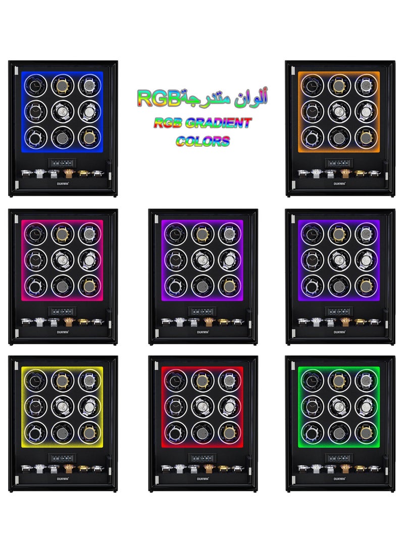 Fingerprint Lock Watch Winder with RGB LED Light and 8TPD for 9 Automatic Watches, Watch Winder Box with 6 Watch Holders, LCD Display, Adjustable Watch Pillow for Men and Women,