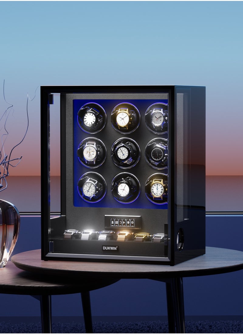 Fingerprint Lock Watch Winder with RGB LED Light and 8TPD for 9 Automatic Watches, Watch Winder Box with 6 Watch Holders, LCD Display, Adjustable Watch Pillow for Men and Women,