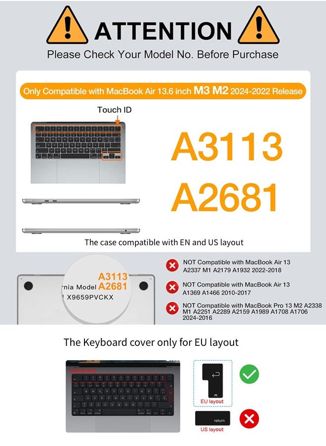 Case Compatible with MacBook Air 13 inch Case 2024 2023 2022 M3 A3113 M2 A2681 Plastic Hard Shell + TPU Keyboard Skin Cover for MacBook Air 13.6 inch Case, Crystal Clear