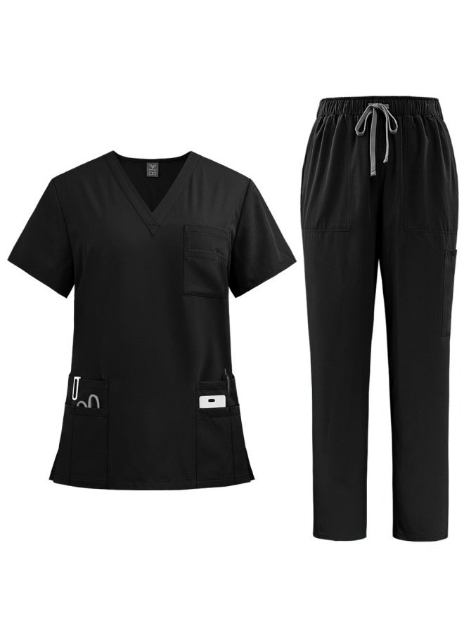 Womens Men Medical Scrubs Set Unisex Scrub Top and Scrub Pant Set Medical Uniform Scrubs Medical Uniform Set (Black)