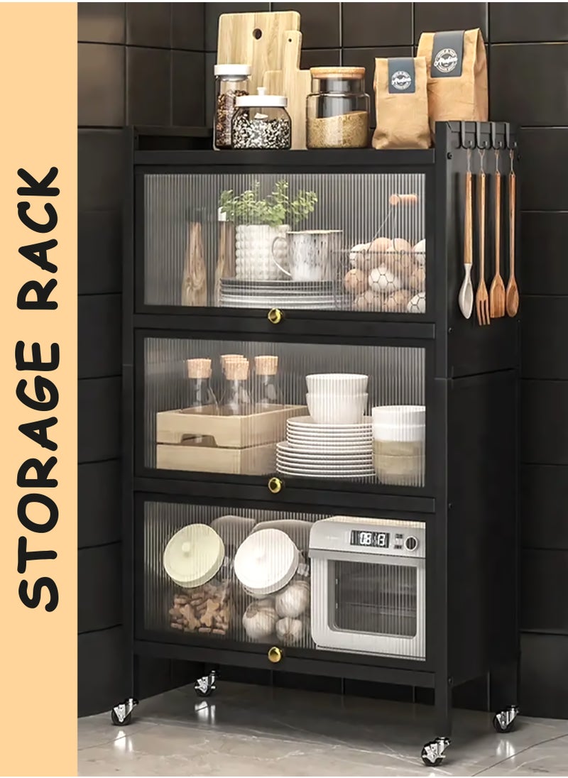 Storage Cabinet with Adjustable Wheels & Ripple Acrylic Doors – Kitchen Organizer, Baker's Rack, Coffee Station, Utility Shelf, Sideboard, Space-Saving, Durable Steel Frame, Modern Design for Home & Office