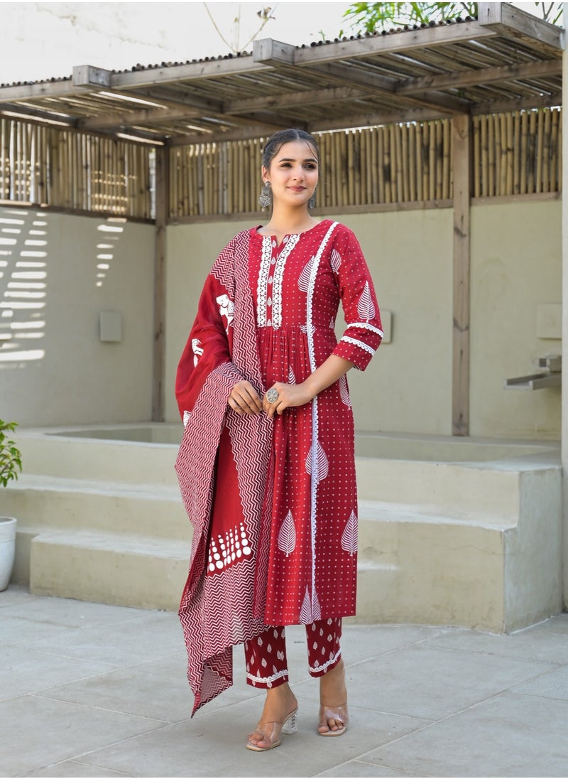 Pure Cotton Kurta Pant Dupatta Set with Bag Red Color | Indian Dress for Women | Traditional Dress Salwar Kameez Kurti Pant Dupatta Set | Ready to Wear Ethnic Kurta Set