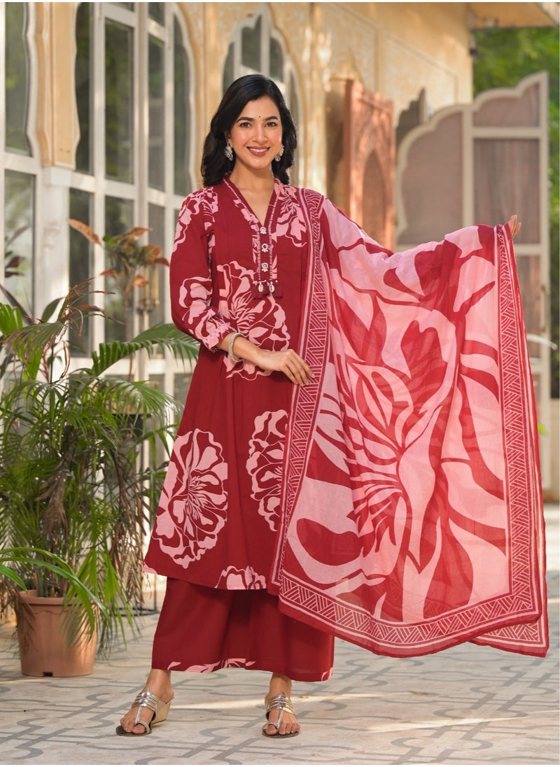 Pure Cotton Kurta Set with Plazzo Pants Red Colour | Indian Dress for Women | Traditional Dress Salwar Kameez Kurti Pant Dupatta Set | Ready to Wear Ethnic Kurta Set