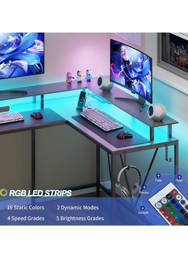 47 inch (approx. 119.4 cm) Gaming Desk without Power Outlet and LED Lights, Double Sided L-Shaped Desk, Computer Desk with Hooks and Monitor Stand with Drawers and Shelves for Home Office Bedroom
