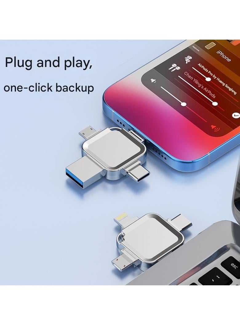4-in-1 Cross-shaped 64GB USB Flash Drive with Micro USB and Type-C Ports, Compatible with Android Smartphones, iPhone, iPad, MacBook, and Laptops
