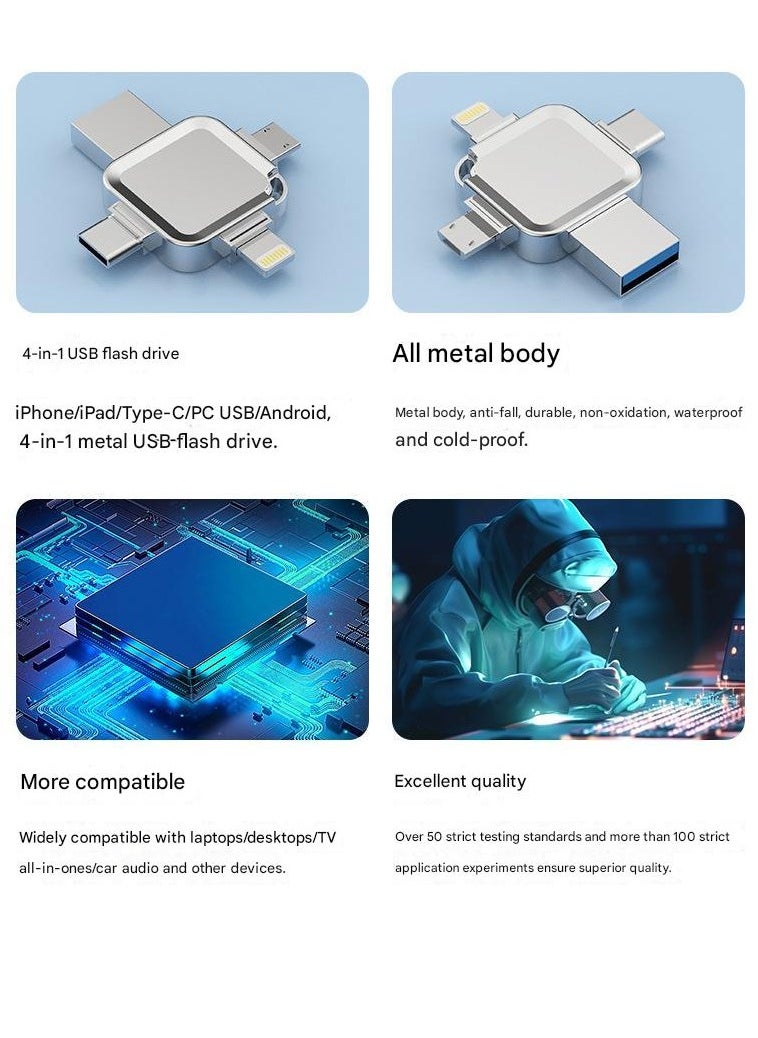 4-in-1 Cross-shaped 64GB USB Flash Drive with Micro USB and Type-C Ports, Compatible with Android Smartphones, iPhone, iPad, MacBook, and Laptops