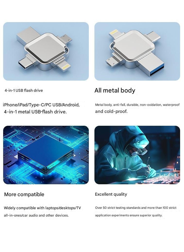 4-in-1 Cross-shaped 8GB USB Flash Drive with Micro USB and Type-C Ports, Compatible with Android Smartphones, iPhone, iPad, MacBook, and Laptops