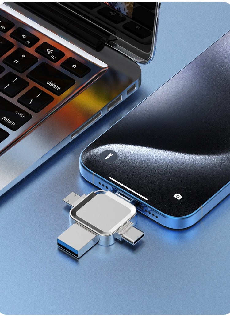 4-in-1 Cross-shaped 8GB USB Flash Drive with Micro USB and Type-C Ports, Compatible with Android Smartphones, iPhone, iPad, MacBook, and Laptops