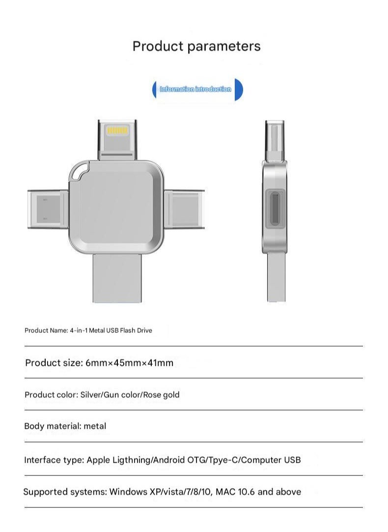 4-in-1 Cross-shaped 8GB USB Flash Drive with Micro USB and Type-C Ports, Compatible with Android Smartphones, iPhone, iPad, MacBook, and Laptops