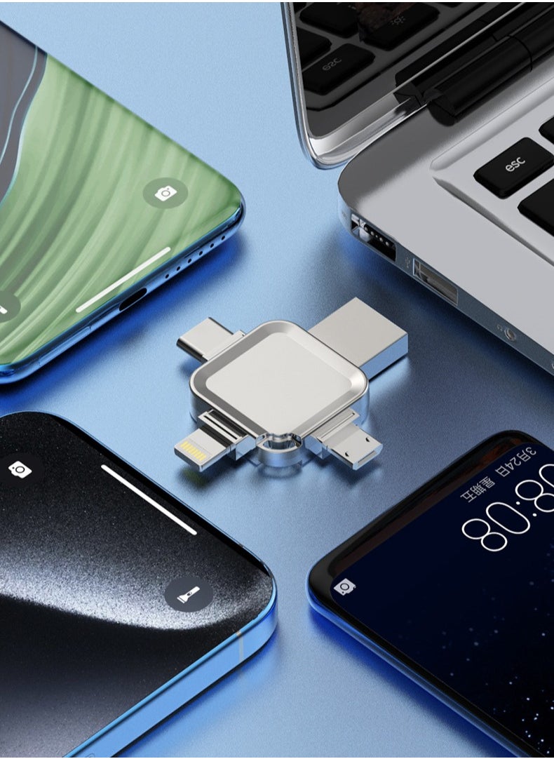 4-in-1 Cross-shaped 8GB USB Flash Drive with Micro USB and Type-C Ports, Compatible with Android Smartphones, iPhone, iPad, MacBook, and Laptops