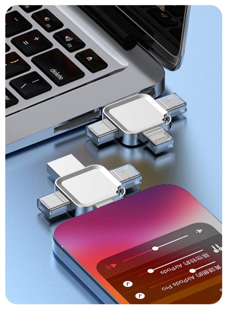 4-in-1 Cross-shaped 8GB USB Flash Drive with Micro USB and Type-C Ports, Compatible with Android Smartphones, iPhone, iPad, MacBook, and Laptops
