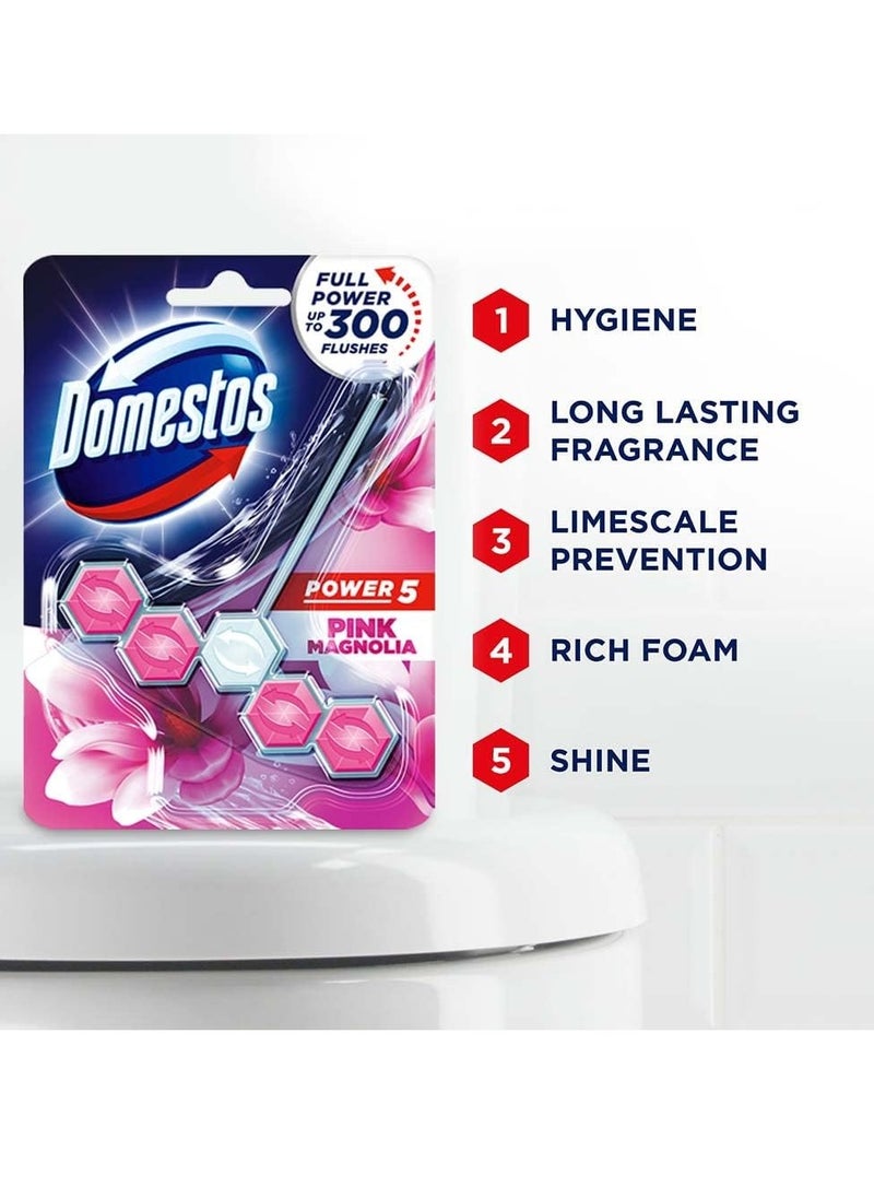 Domestos Toilet Rim Block, Pink Magnolia, Gives Long Lasting Fragrance and Removes Limescales, Provides Hygiene & Shine, 2x55gms