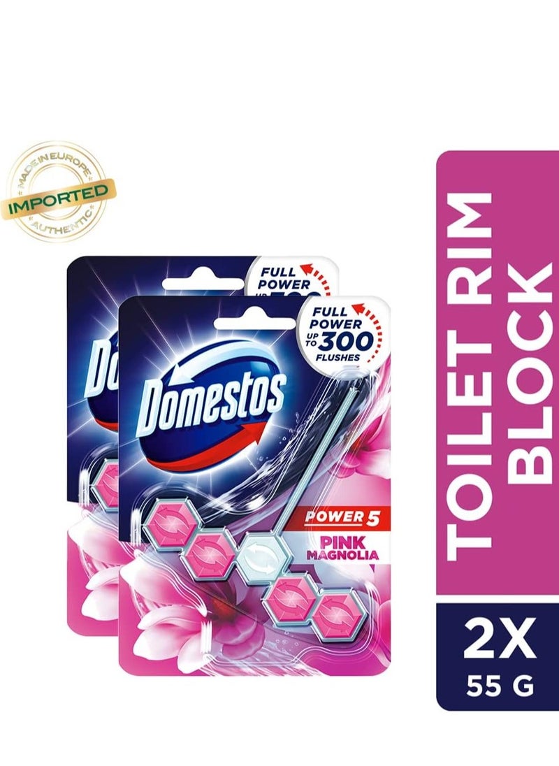 Domestos Toilet Rim Block, Pink Magnolia, Gives Long Lasting Fragrance and Removes Limescales, Provides Hygiene & Shine, 2x55gms
