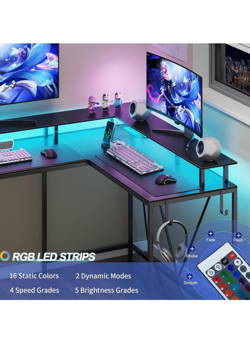 53 in (~134.6 cm) L-Shaped Desk, L-Shaped Game Table with Electrical Outlet and LED Lights, Computer Desk with Monitor Stand and Storage Pocket, Home Office Corner Desk with Hooks, Easy to Assemble, Grey Oak