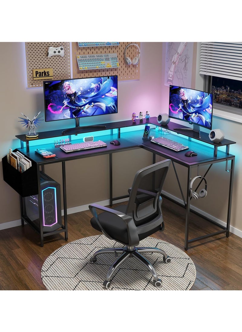 53 in (~134.6 cm) L-Shaped Desk, L-Shaped Game Table with Electrical Outlet and LED Lights, Computer Desk with Monitor Stand and Storage Pocket, Home Office Corner Desk with Hooks, Easy to Assemble, Grey Oak