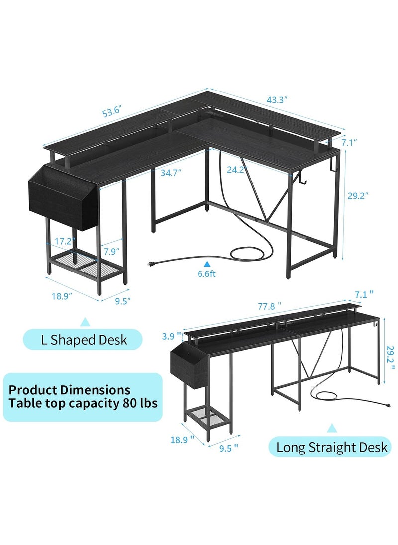 53 in (~134.6 cm) L-Shaped Desk, L-Shaped Game Table with Electrical Outlet and LED Lights, Computer Desk with Monitor Stand and Storage Pocket, Home Office Corner Desk with Hooks, Easy to Assemble, Grey Oak