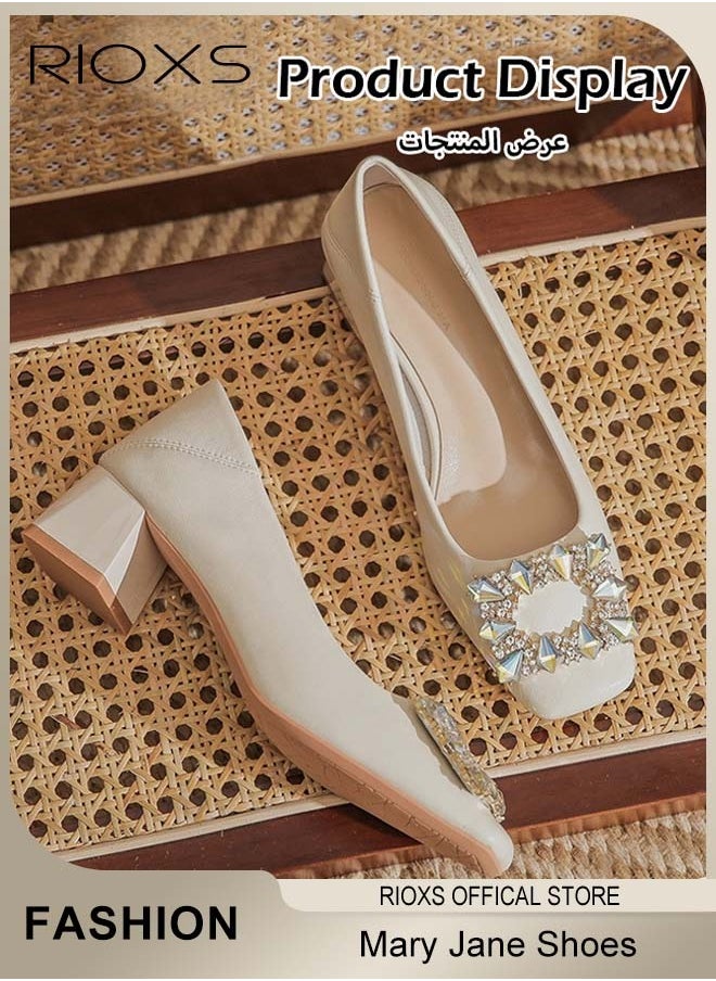 Low Heel Court Shoes with Squared-off Toe, Shiny Rhinestone Chunky Heel Shoes, Classic Versatile Closed-toe Chunky Heel Shoes with Non-slip Rubber Outsole and Soft Insole, Perfect for Elevating Your Status at Work, Parties, Interviews, Weddings and More