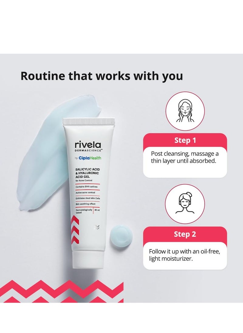 Rivela Dermascience Anti-Acne Gel (30mL) By Cipla | For Active Acne, Oil Control, Smooth and Supple Skin | With Salicylic Acid & Hyaluronic Acid | For Men and Women