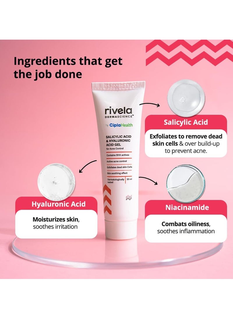 Rivela Dermascience Anti-Acne Gel (30mL) By Cipla | For Active Acne, Oil Control, Smooth and Supple Skin | With Salicylic Acid & Hyaluronic Acid | For Men and Women