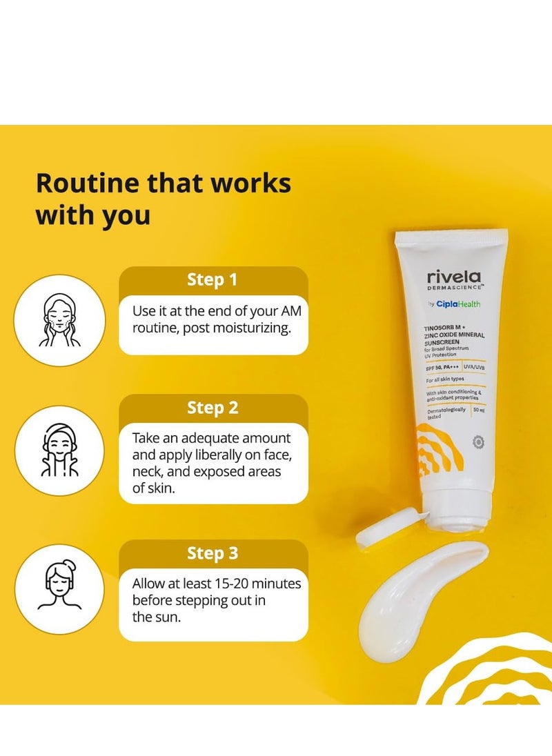 Rivela Dermascience By Cipla SPF 50, PA+++ Mineral Sunscreen Lotion With Tinosorb M, No White Cast, UVA/UVB Protection For Normal to Dry Skin, 50ml