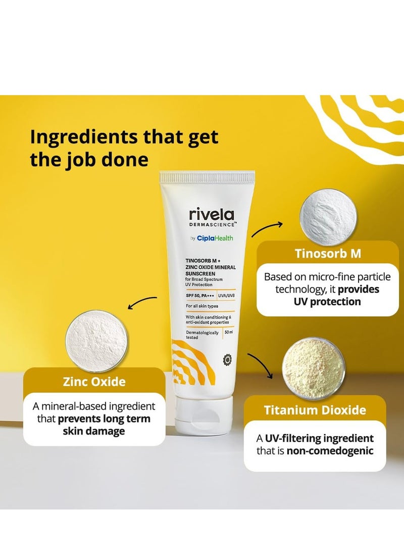 Rivela Dermascience By Cipla SPF 50, PA+++ Mineral Sunscreen Lotion With Tinosorb M, No White Cast, UVA/UVB Protection For Normal to Dry Skin, 50ml