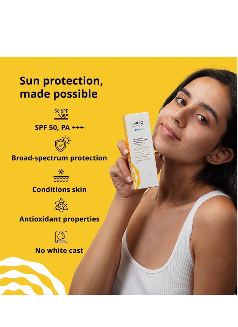 Rivela Dermascience By Cipla SPF 50, PA+++ Mineral Sunscreen Lotion With Tinosorb M, No White Cast, UVA/UVB Protection For Normal to Dry Skin, 50ml