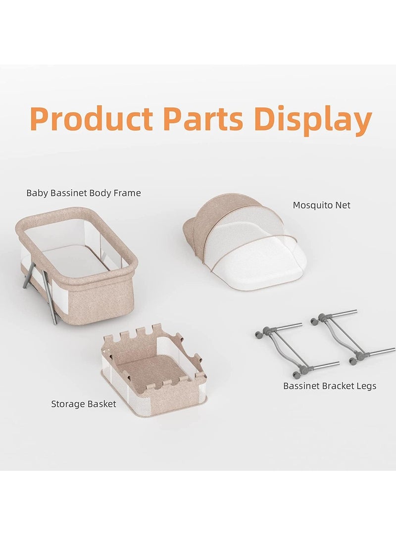 Portable Movable Crib, Foldable, Baby Bassinet with Mosquito Shade Net, Storage Basket and Memory Foam Mattress (Khaki)