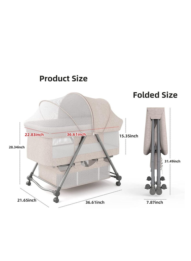 Portable Movable Crib, Foldable, Baby Bassinet with Mosquito Shade Net, Storage Basket and Memory Foam Mattress (Khaki)