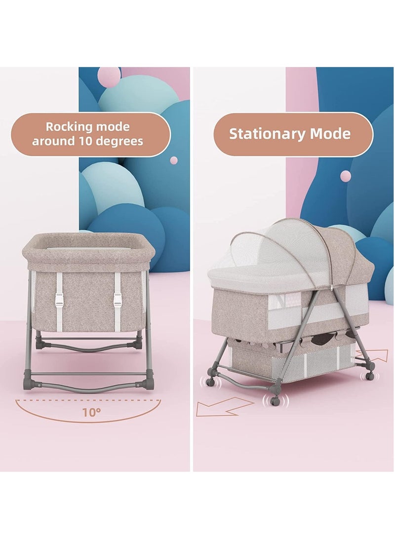 Portable Movable Crib, Foldable, Baby Bassinet with Mosquito Shade Net, Storage Basket and Memory Foam Mattress (Khaki)