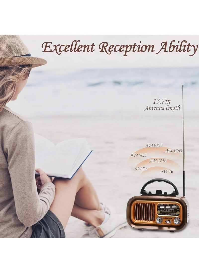 Small Retro Vintage Radio with Bluetooth,Portable Transistor Radio AM FM SW with Best Sound,Excellent Reception,Support TF Card USB MP3 Player,USB or Solar Charging