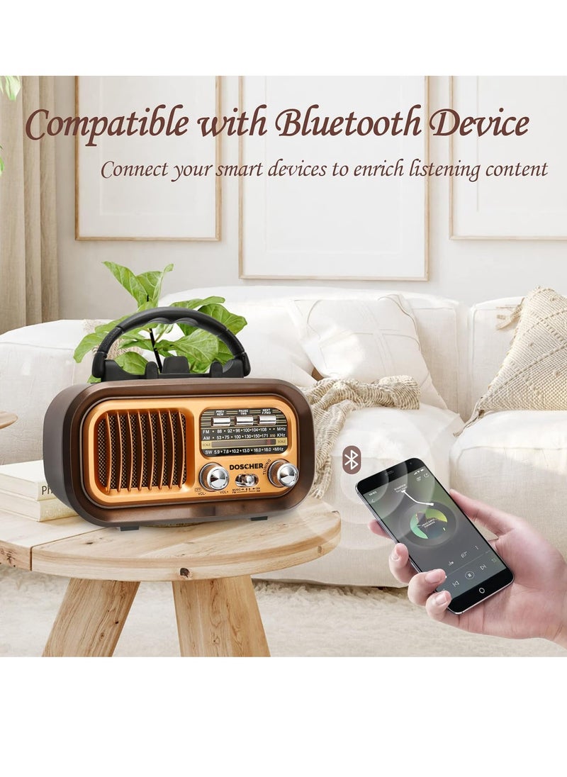 Small Retro Vintage Radio with Bluetooth,Portable Transistor Radio AM FM SW with Best Sound,Excellent Reception,Support TF Card USB MP3 Player,USB or Solar Charging