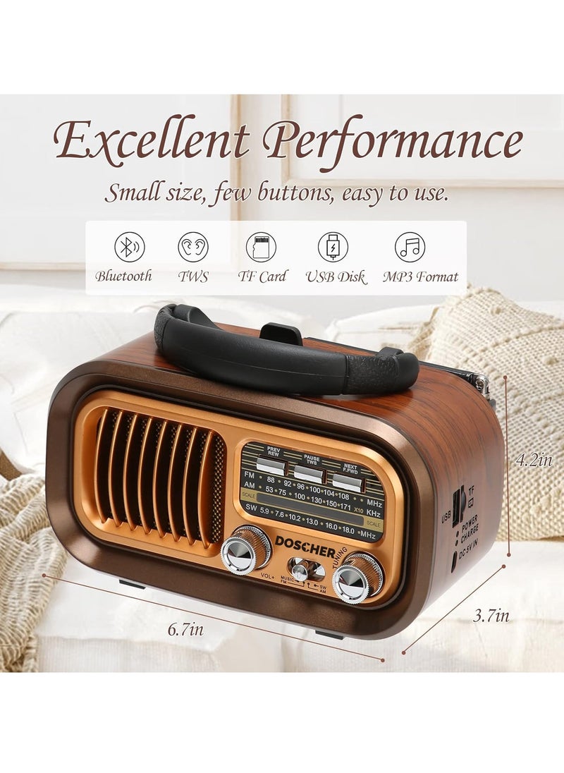 Small Retro Vintage Radio with Bluetooth,Portable Transistor Radio AM FM SW with Best Sound,Excellent Reception,Support TF Card USB MP3 Player,USB or Solar Charging