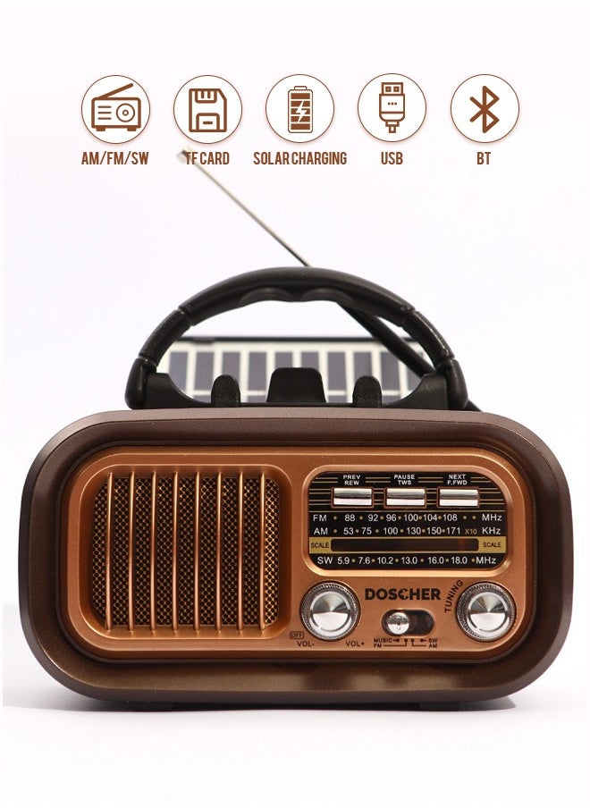 Small Retro Vintage Radio with Bluetooth,Portable Transistor Radio AM FM SW with Best Sound,Excellent Reception,Support TF Card USB MP3 Player,USB or Solar Charging