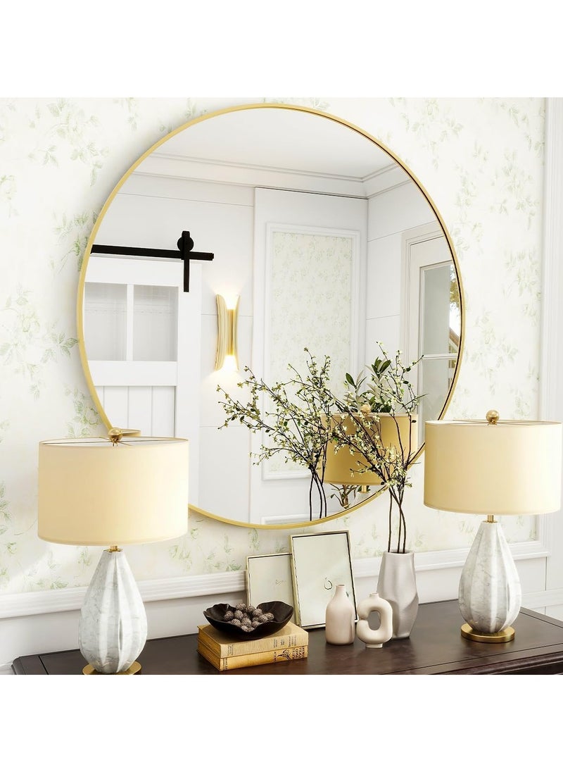 Round Bathroom Mirror, 24 inch Circle Dressing Mirror, Round Wall Mirror with Simple Metal Frame, Modern Round Hanging Mirror for Bathroom, Hallway, Living Room (Gold)