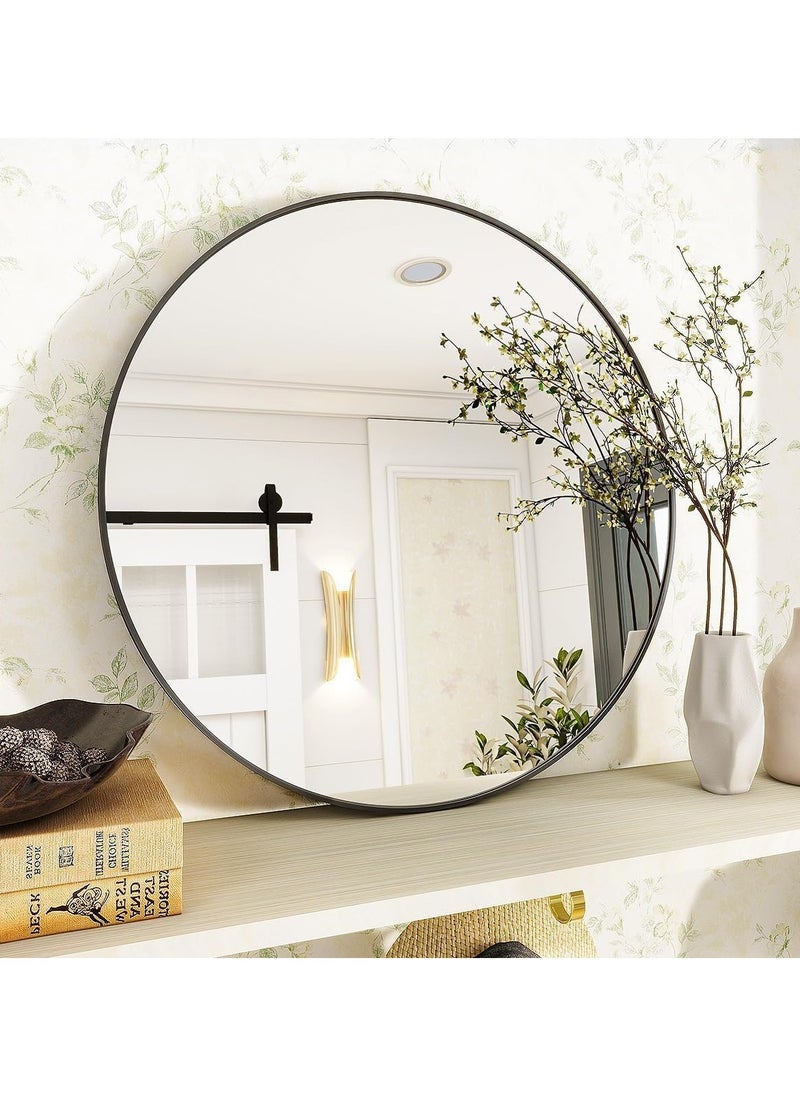 Round Bathroom Mirror, 24 inch Circle Dressing Mirror, Round Wall Mirror with Simple Metal Frame, Modern Round Hanging Mirror for Bathroom, Hallway, Living Room (Black)