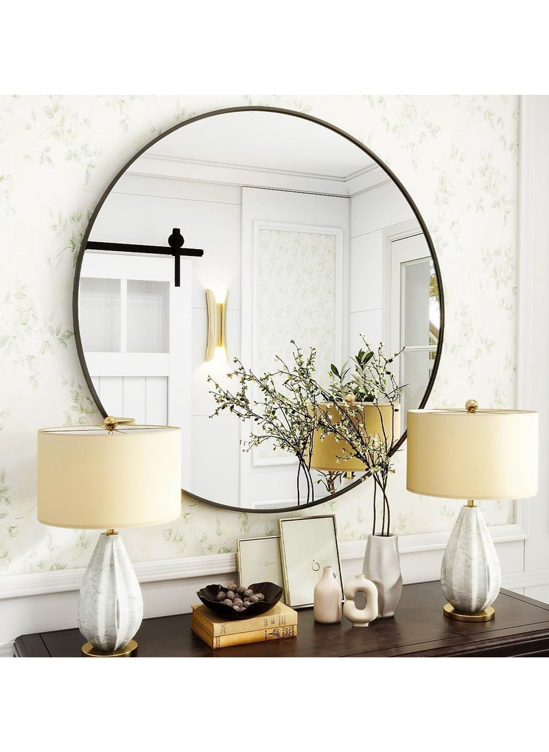 Round Bathroom Mirror, 24 inch Circle Dressing Mirror, Round Wall Mirror with Simple Metal Frame, Modern Round Hanging Mirror for Bathroom, Hallway, Living Room (Black)