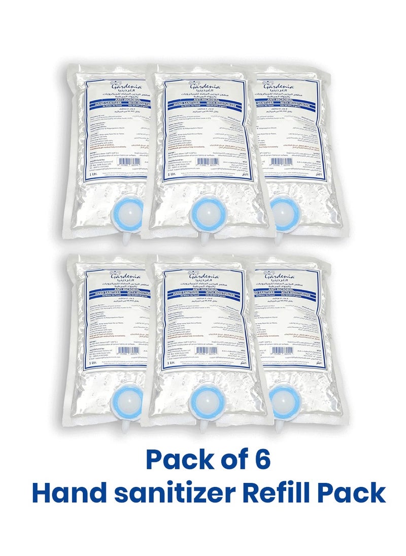1L Refill Pouch, 6Pcs - Hand Sanitizer Gel with Moisturizer, Lemongrass - Gentle & Effective Hand Care, Kills 99.9% Germs