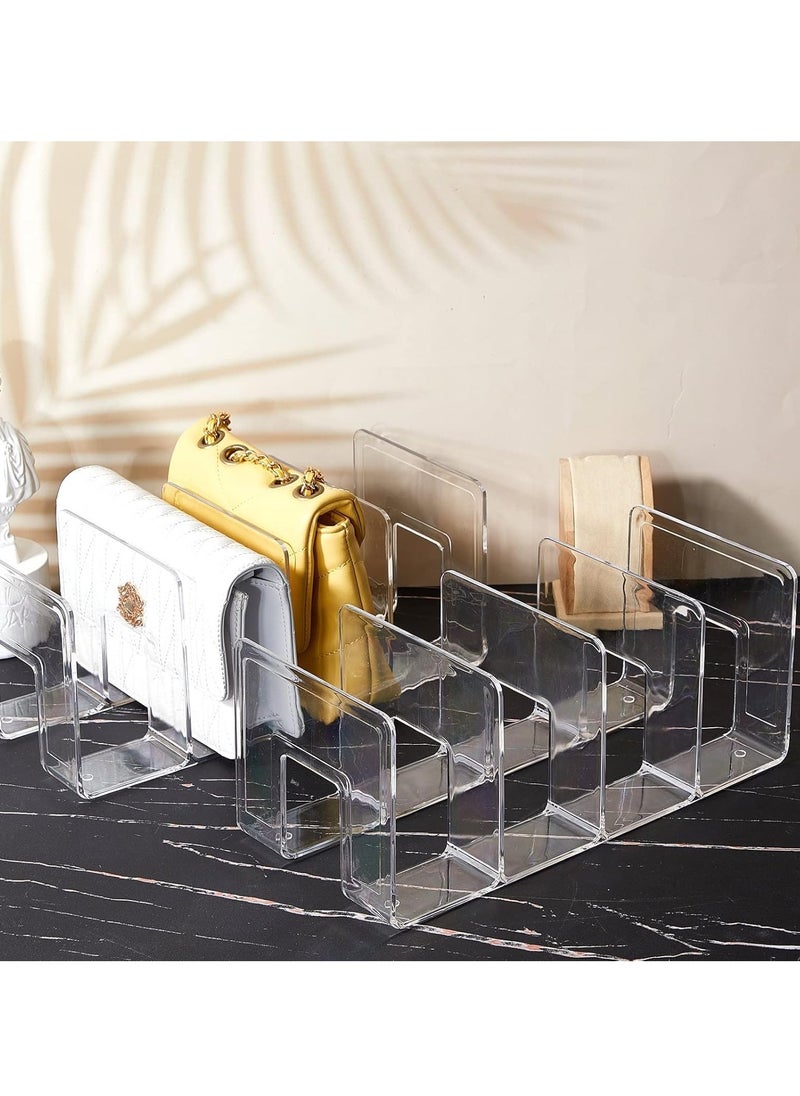 2-Pack Clear Plastic Purse Organizer and Shelf Divider Set, 4-Section Storage Stand for Handbags, Books, and Files, Ideal for Home, Office Use
