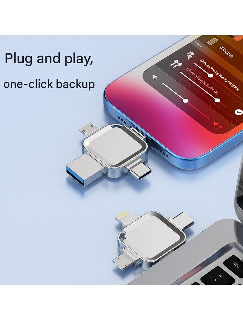 4-in-1 High Speed USB Flash Drive with Micro USB and Type-C Ports, Compatible with Android Smartphones, iPhone, iPad, MacBook, and Laptops - 64GB