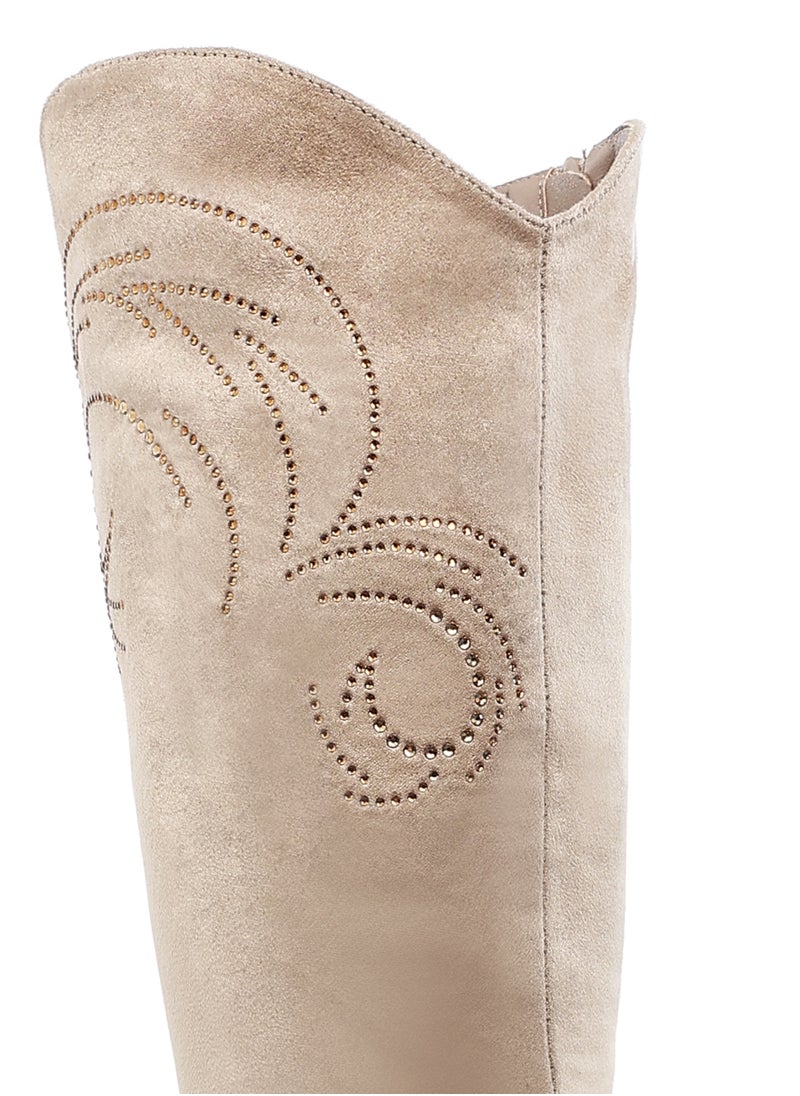 Rhinestone Patterned Calf Boots in Beige